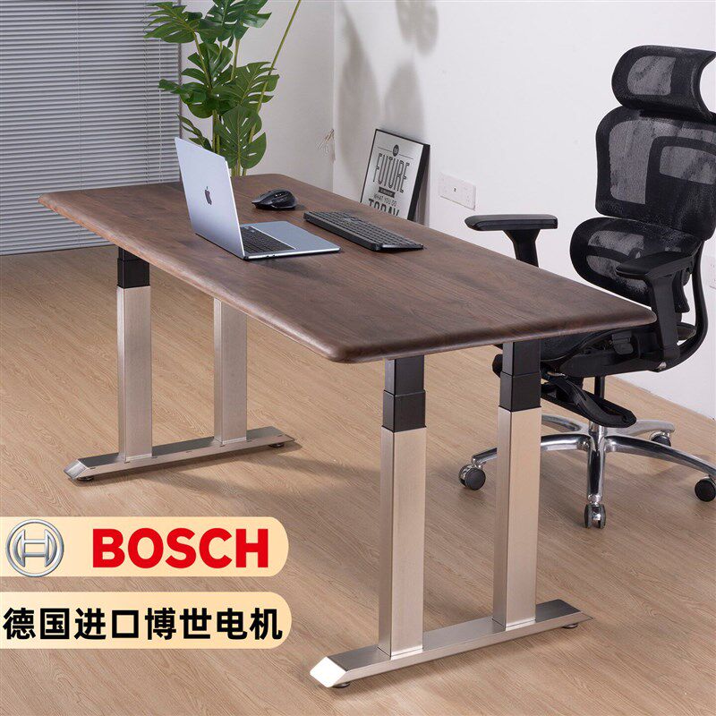 速发黑胡桃电动升降桌仿不锈钢实木适用于电脑办公家用升降工作台