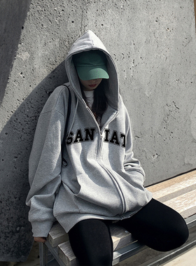 速发灰色连帽卫衣松宽美外复古加绒拉链开衫式套新款大码上衣