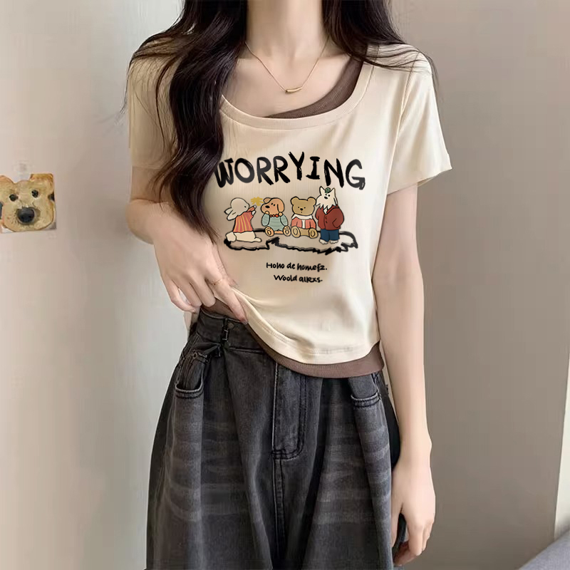 速发t肩正恤大码装夏法式肉计遮肚假两件U方领藏设上衣