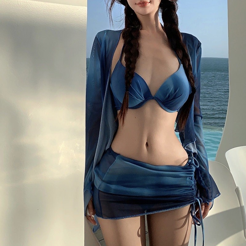 速发辣妹纯欲风性感四件高套级感钢托聚拢度假蓝色显白比基尼