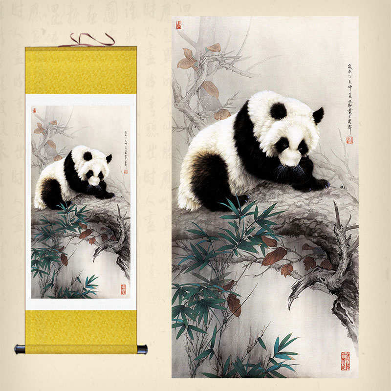 速发国宝熊猫图卷轴画中国风丝绸画水墨竹影熊猫挂画客厅装饰画礼