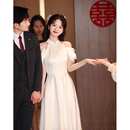 速发新中式 一字肩白色旗0订婚礼服2袍25白业挂脖轻婚纱领证登记小