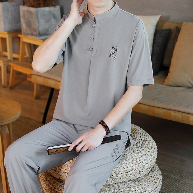 速发夏禅新中式中国风时尚套装男款修恤T行汉服佛系季服唐装