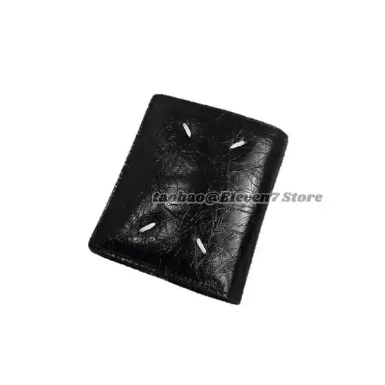 「E1Even7」Mmm Style 21Ss Oil Wax Black Leather Classic Four-Point Stitching Wallet Card Holder
