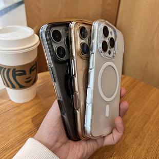 不易发黄硬壳加厚防摔适用苹果16promax手机壳AI相机键全包iPhone15promax磁吸保护套14Pro透明简约高级感男