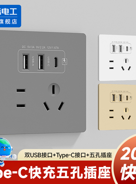 国际电工86型20W快充USB插座开关面板墙壁手机充电Type-c家用五孔