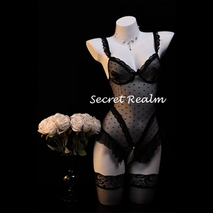 秘境「心动波点」性感睡裙蕾丝镂空珍珠诱惑透视纯欲连体网纱qqny