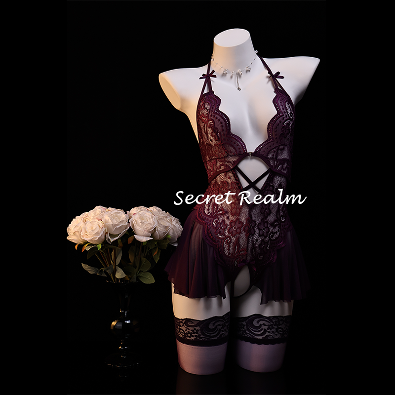 秘境「暗夜蔷薇」性感睡裙蕾丝镂空诱惑深V透视纯欲连体网纱qqny