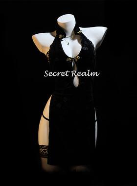 秘境「黑旗绮梦」古典性感旗袍套装镂空御姐风高开叉复古睡裙qqny