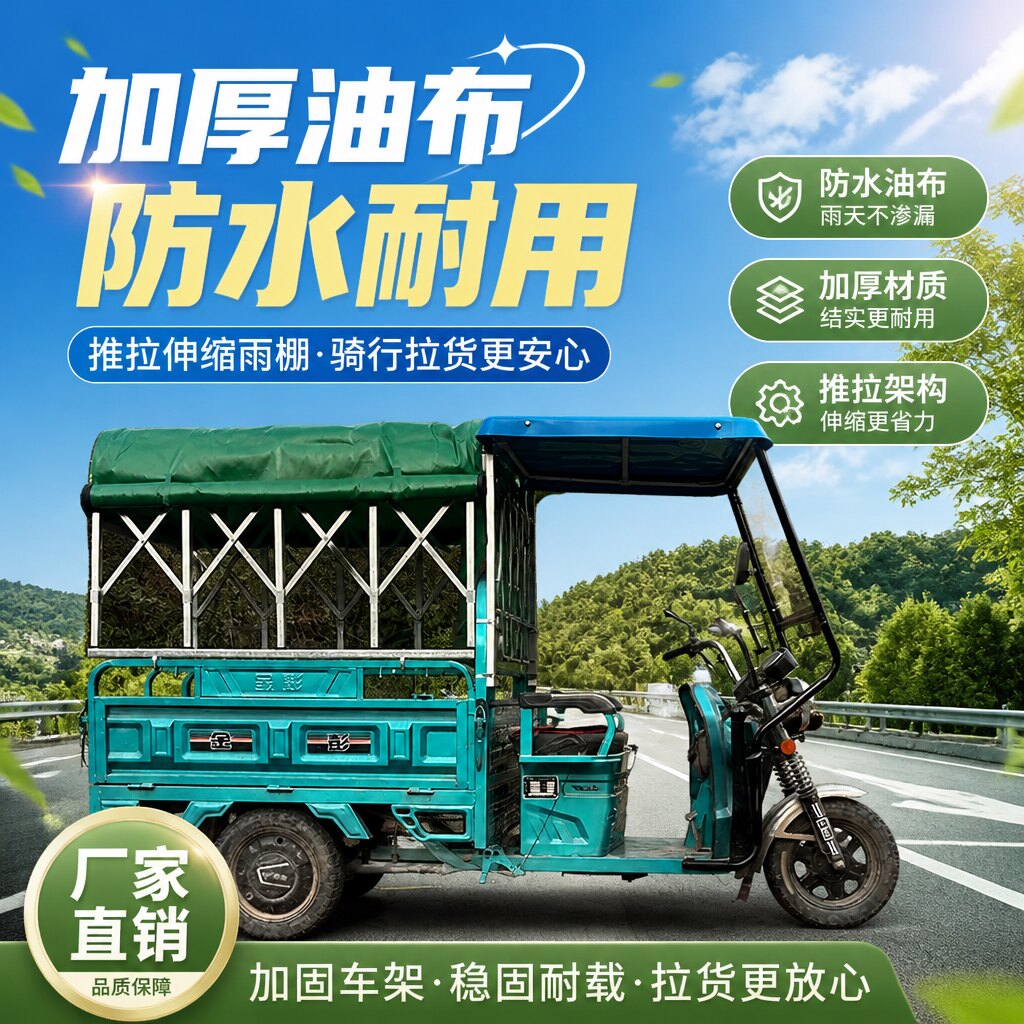 电动三轮车推拉伸缩雨棚免打孔安装加厚牛津布防雨防晒挡风车篷