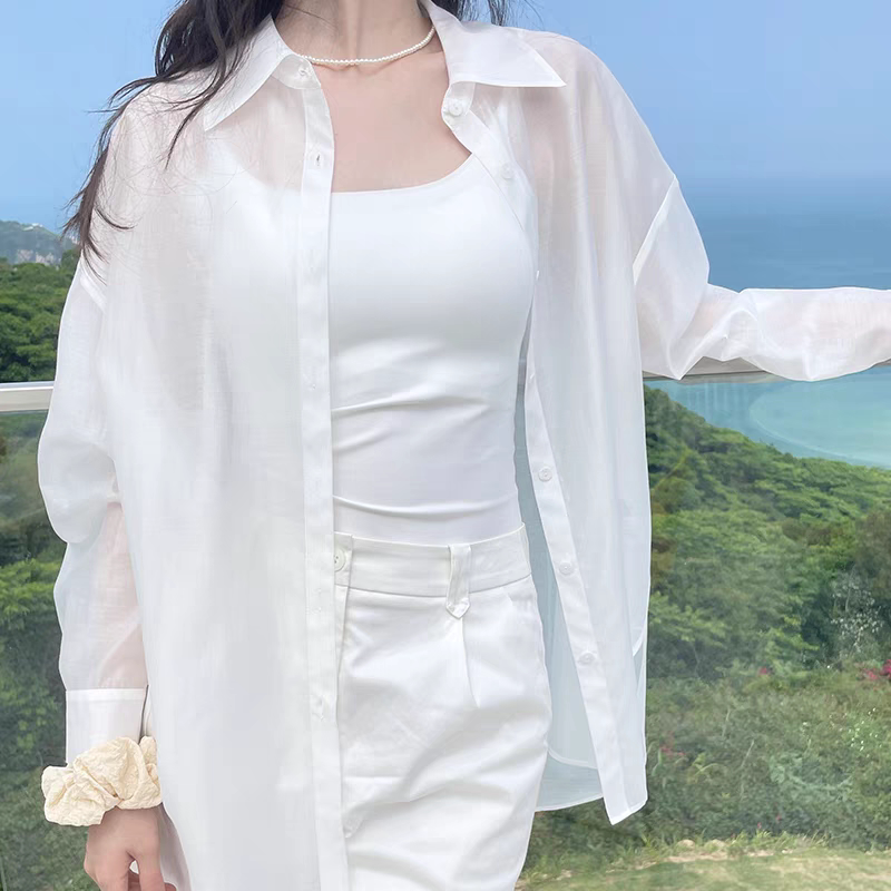 上衣女衬衫长袖夏季薄款宽松外搭开衫纯色防晒休闲洋气上档次外穿