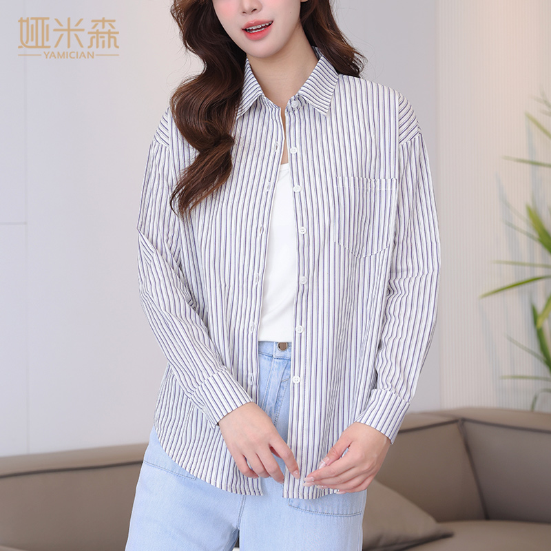 蓝色衬衣条纹衬衫女新款
