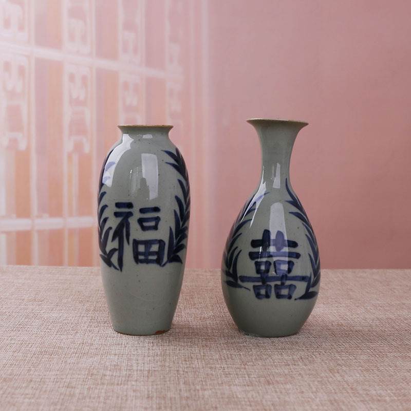 矮花瓶景德镇复古手绘青花陶瓷花瓶禅意茶道摆件中式桌面福喜花器