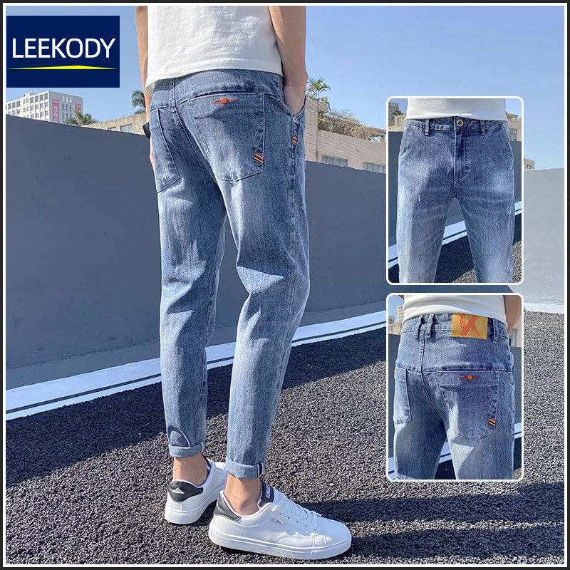 LEEKODY浅色高端九分牛仔裤男士夏季薄款弹力修身小脚9分休闲裤子