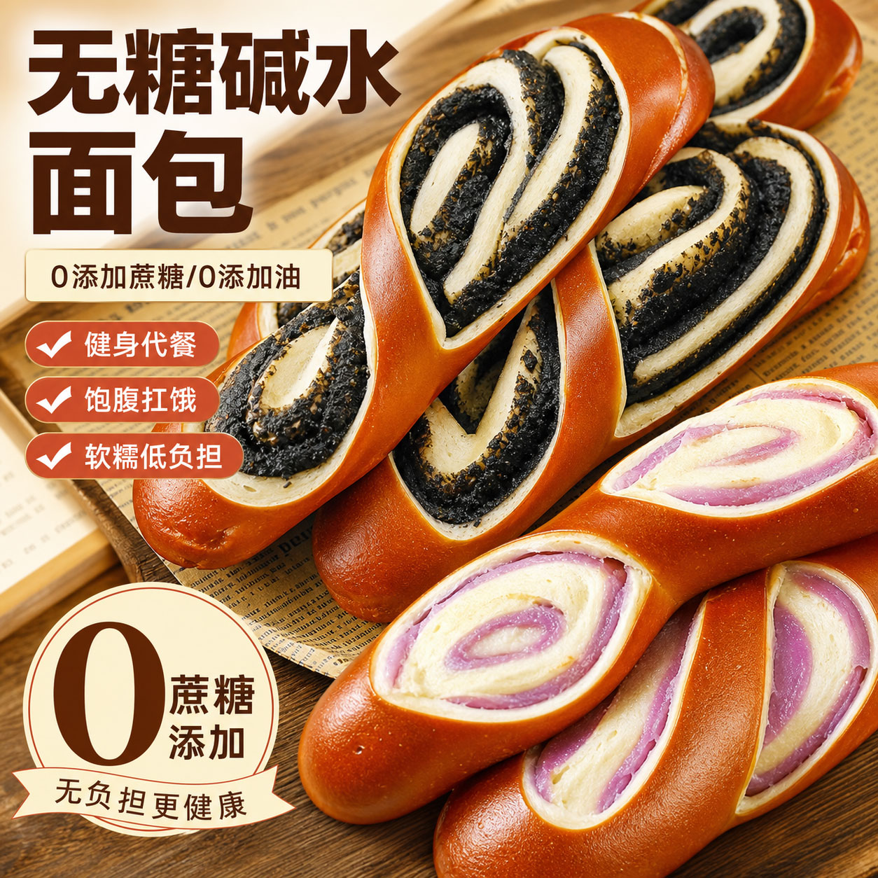 300万糖友推荐无蔗糖碱水棒面包