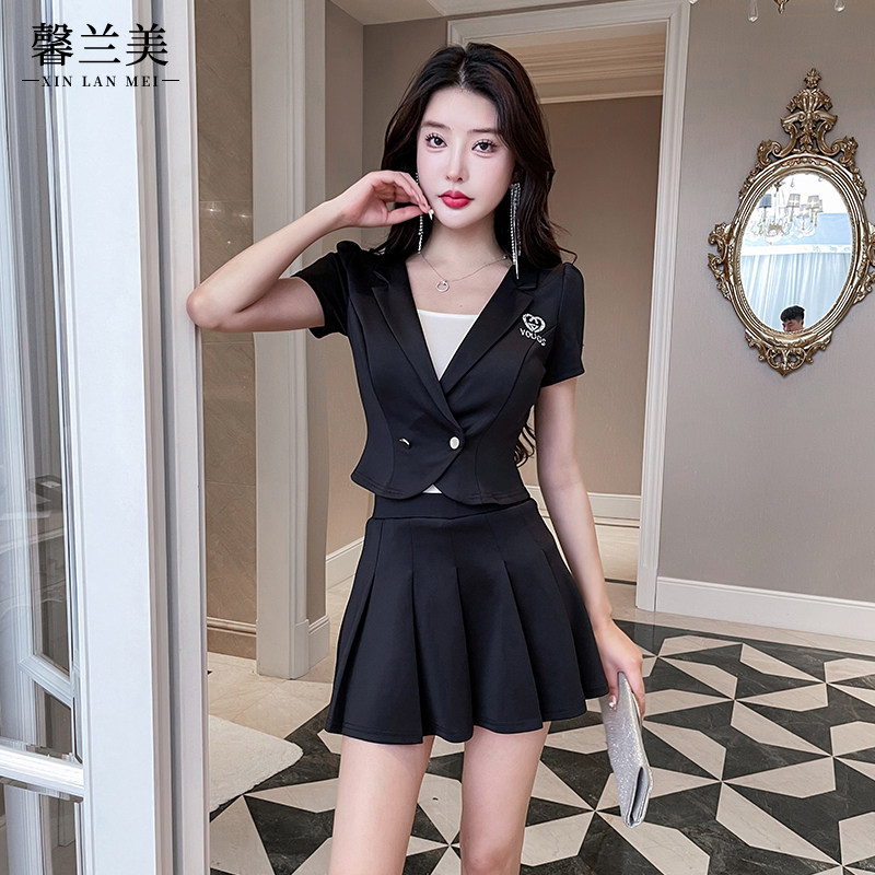 夏季短袖百褶裙制服套装女显瘦气质学院风足疗足浴技师工作服性感