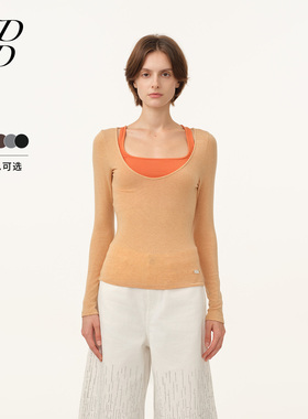 【设计师女装】ODTD26春夏新款撞色V领弹力修身两件套T恤女含背心