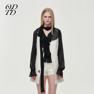 胶囊款 ODTD25冬季 白色浮雕提花长马甲单排扣上衣女 设计师女装