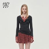 格纹撞色拼接假两件小众上衣女 胶囊新款 设计师女装 ODTD冬季