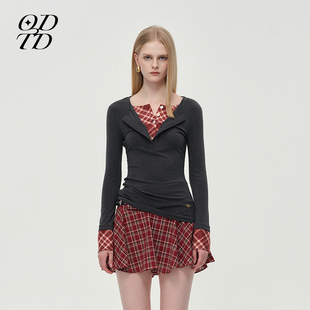 胶囊新款 ODTD25冬季 格纹撞色拼接假两件小众上衣女 设计师女装
