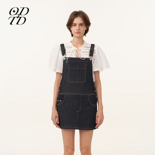 原牛银色铆钉背带牛仔连衣裙女复古 ODTD26春夏新款 设计师女装