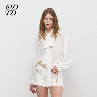 雪纺拼蕾丝V领花边衬衫 新款 ODTD25秋季 含飘带 设计师女装