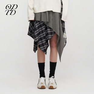 新款 ODTD25秋季 复古百搭不规则斜片拼格小众半身裙 设计师女装