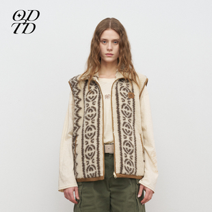 民族图案撞色双面穿摇粒绒马甲上衣 ODTD25秋冬新款 设计师女装
