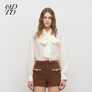 腰果花雪纺系带高领蝴蝶结衬衫 新款 ODTD秋季 上衣女 设计师女装