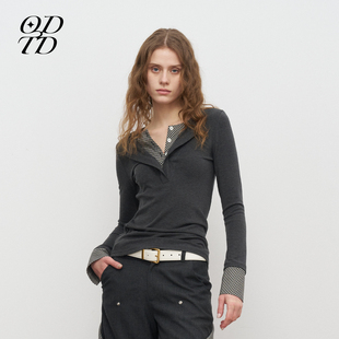 林允同款 修身 ODTD秋季 撞色格子针织假两件亨利衫 上衣 新款