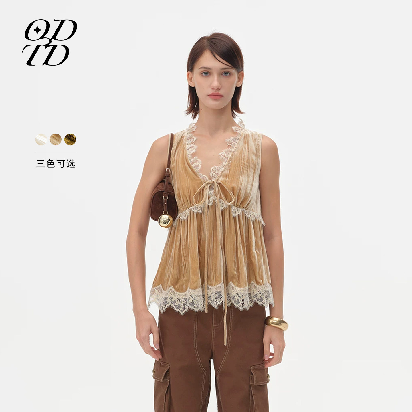 【设计师女装】ODTD26秋季新款高级感丝绒蕾丝背心吊带女小香风