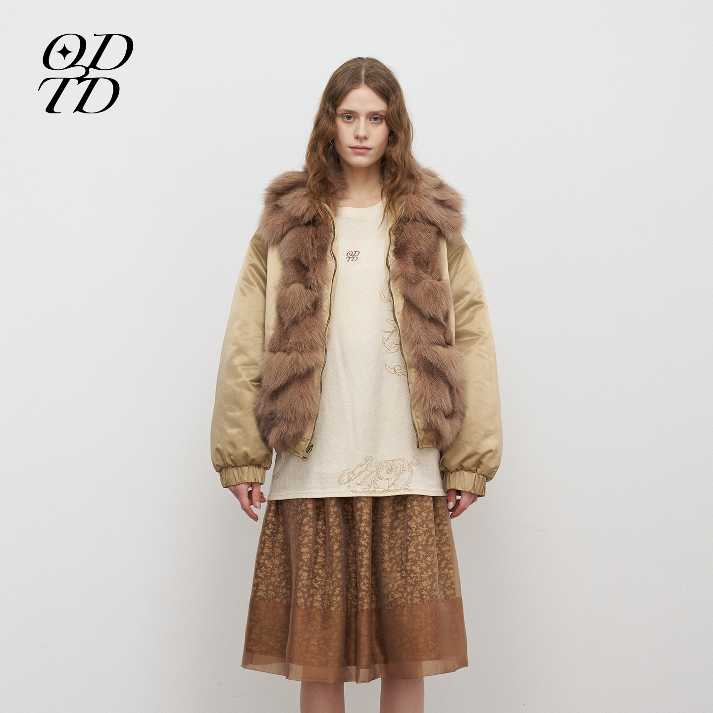 【王楚然同款】ODTD25秋冬新款狐狸毛正反两面穿尼龙夹克棉服外套