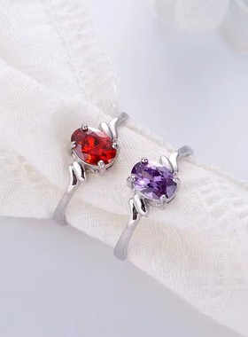 S925纯银镶嵌酒红石榴石戒指女人玉石紫水晶开口指环戒指饰品礼物