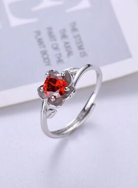 戒指女S925纯银天然石榴石水晶指环简约时尚手饰品送女士节日礼物