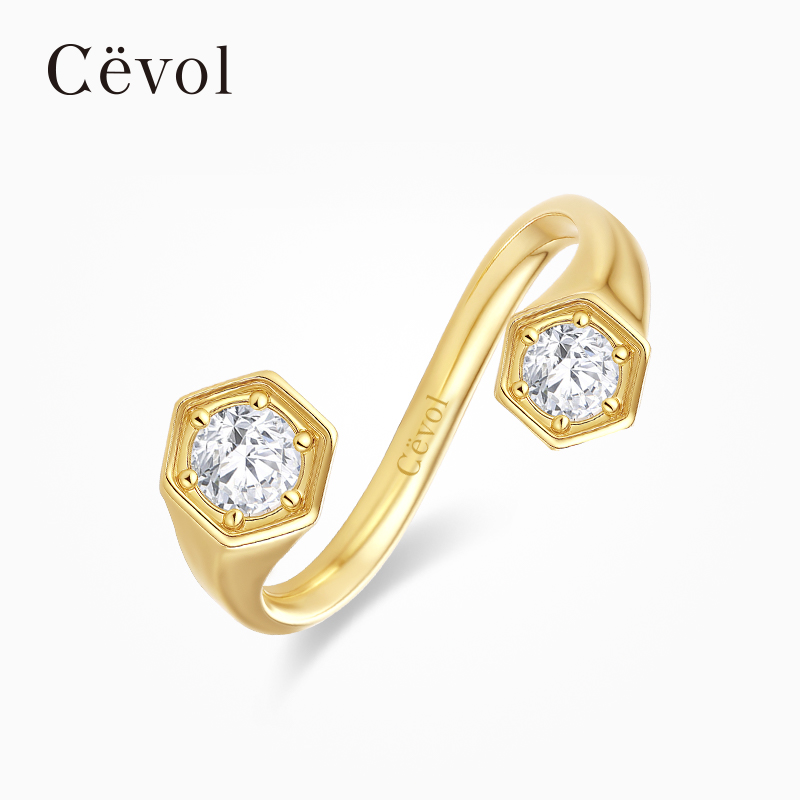 Cevol新奢钻石 光芒系列K金培育钻开口戒双钻个性戒指设计款女