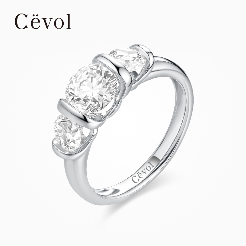 Cevol新奢钻石 铂金戒指女轻奢三石圆钻克拉求婚钻戒培育