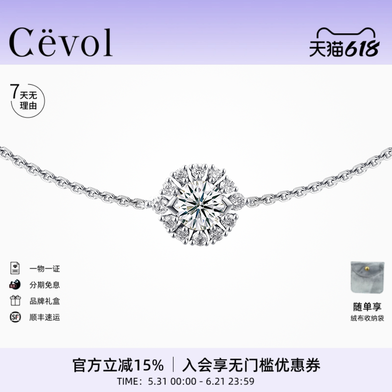 Cevol新奢钻石 星眸系列18K金眼眸单钻圆形培育钻石手链女满钻