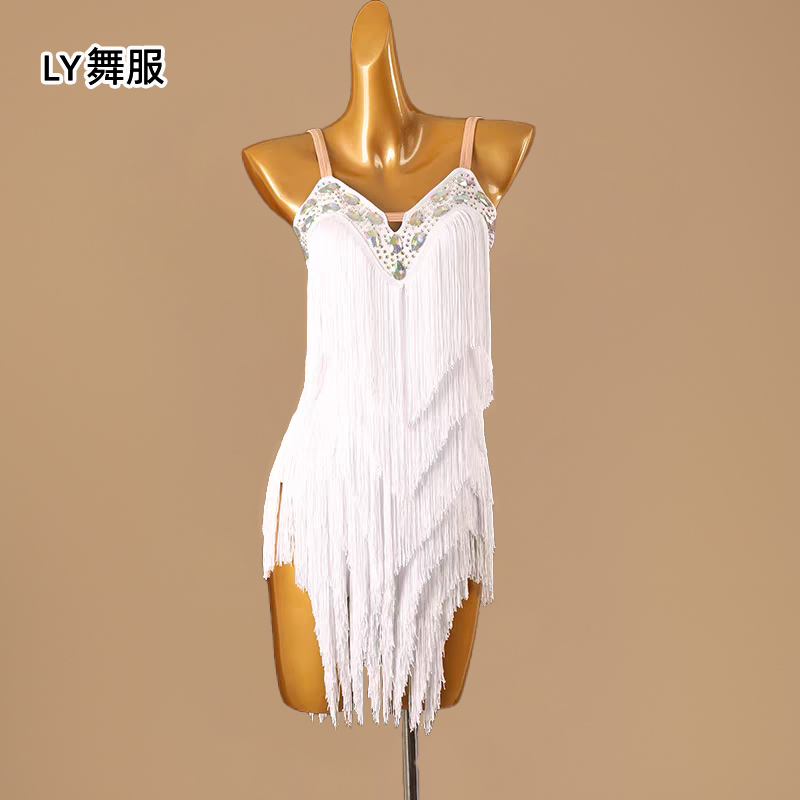 高级定制新款成人女拉丁舞连衣裙流苏款演出服专业比赛服白色黑池