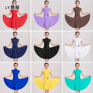 拉丁舞服女童春夏新款锦纶小高领短袖分体鱼骨正式比赛规定服