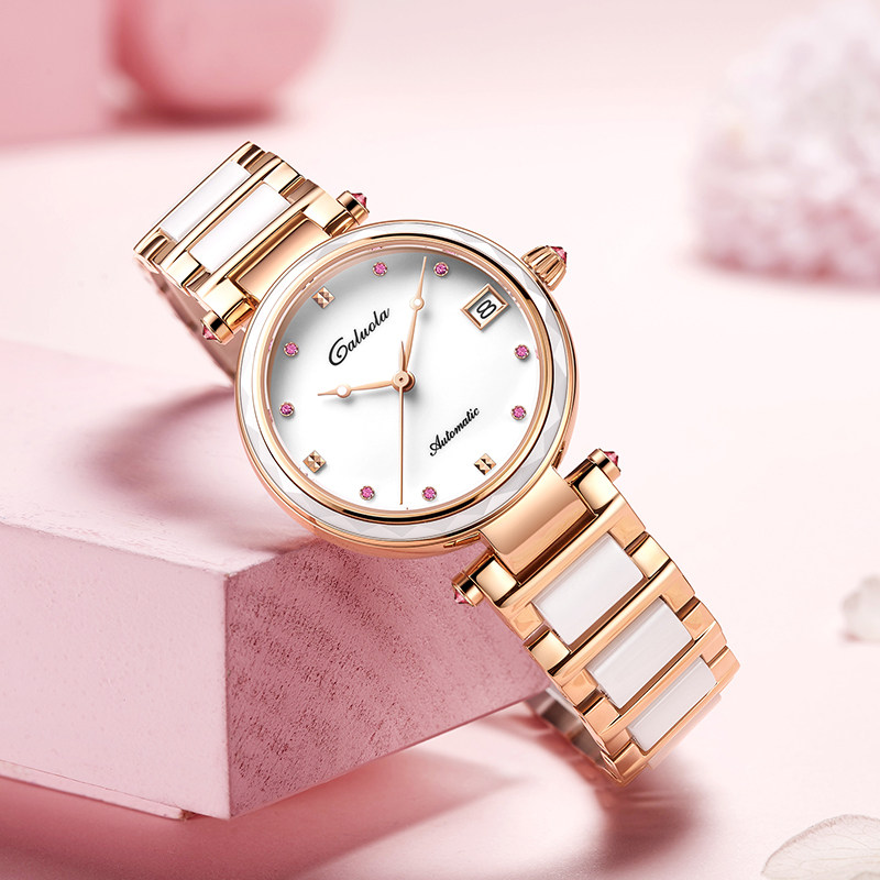 卡罗莱手表女陶瓷时尚款式品牌女表全自动机械表女士手表防水夜光