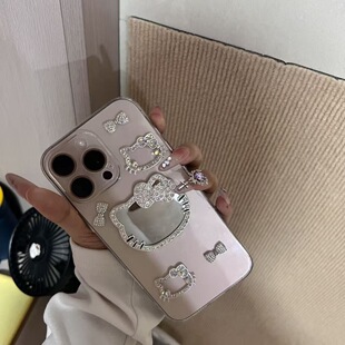 闪钻kt猫补妆镜适用苹果17Promax手机壳16女新款iPhone15小清新简约14plus带镜头膜13pm个性网红12卡通11可爱