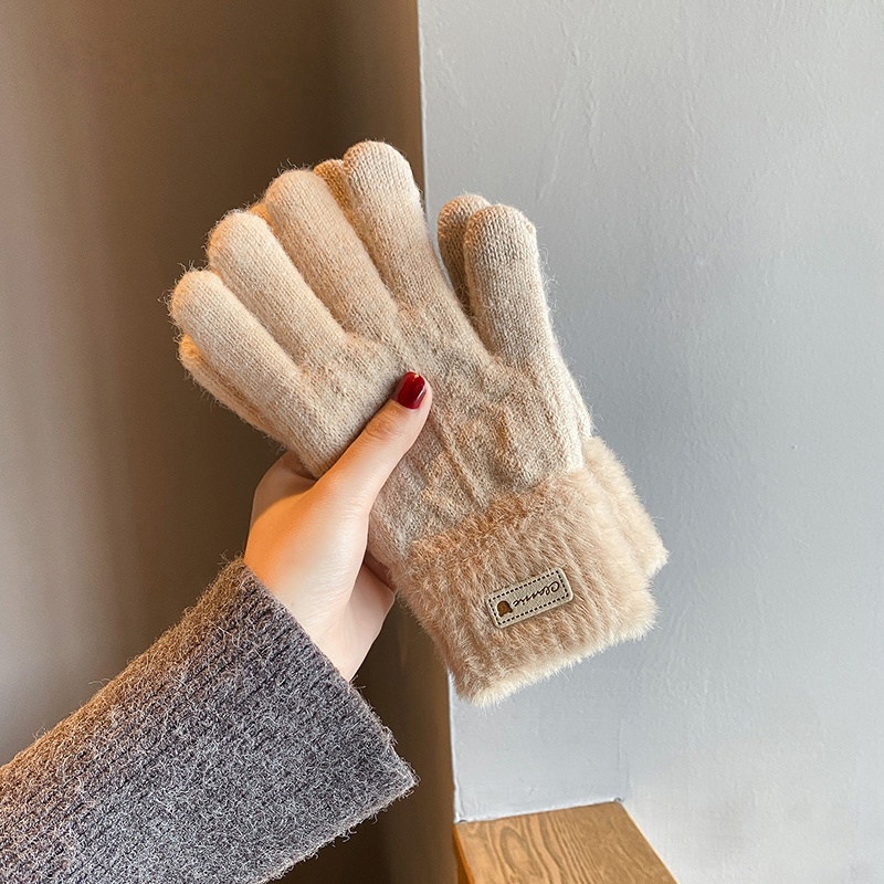 可爱学生毛绒针织加绒五指手套