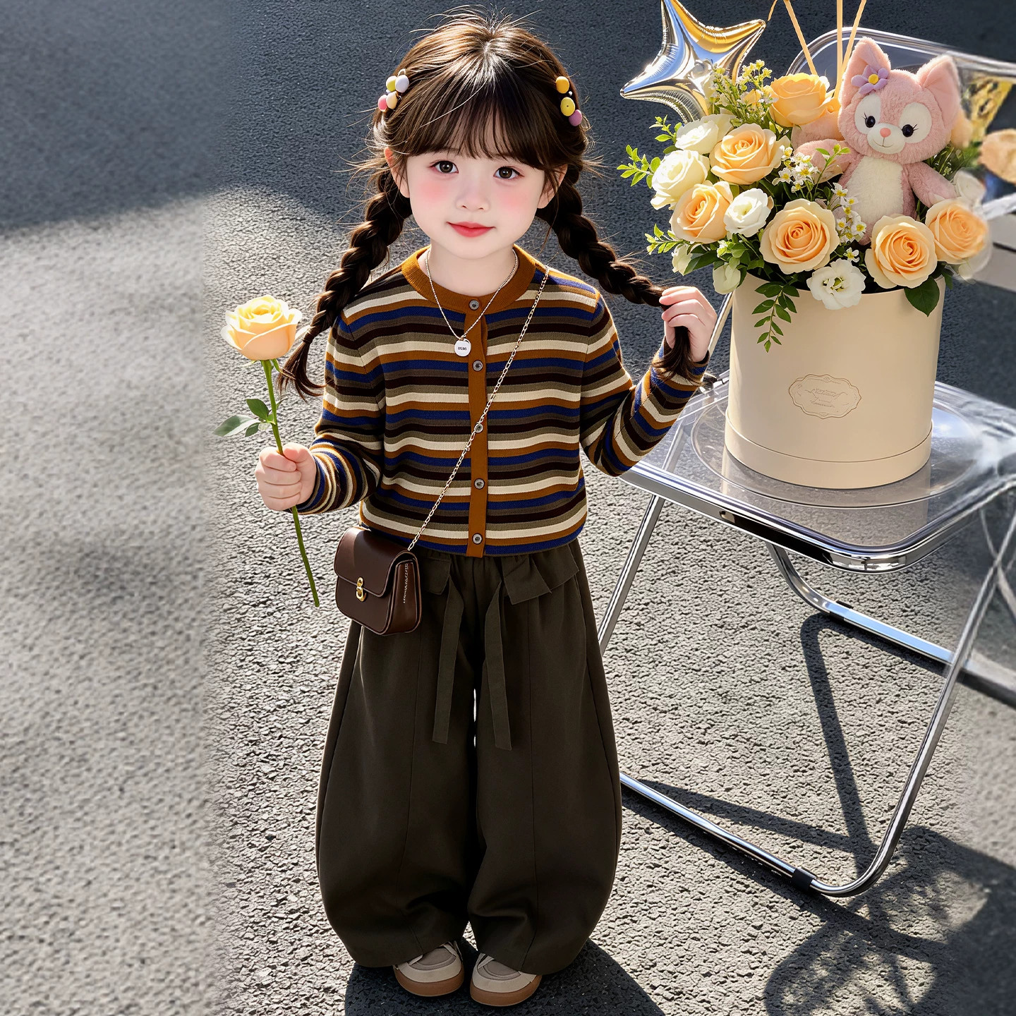 女童开衫中大童屁帘阔腿裤休闲套装春秋季条纹毛衣韩长袖儿童毛衣