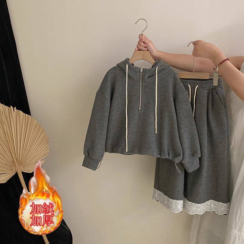 女童加绒套装儿童卫衣裤子秋冬季2025新款大童连帽休闲网红两件套