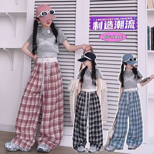 女童格子阔腿裤夏季2025新款薄款儿童洋气时髦休闲女大童宽松裤子