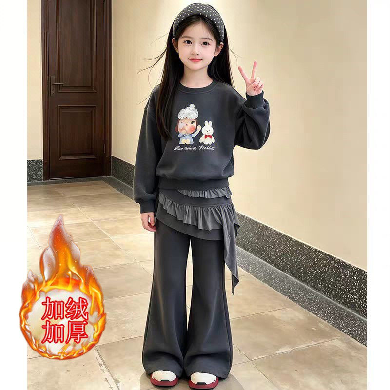 女童2026新款儿童秋冬季韩系时尚宽松甜美加绒卫衣喇叭裤套装潮酷
