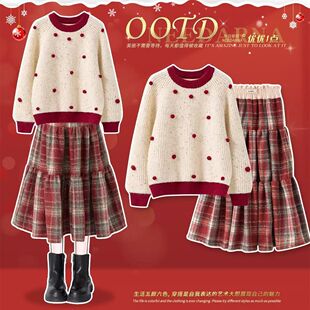 女童新年服套装2026新款儿童红色格纹裙子女孩中大童过年服两件套