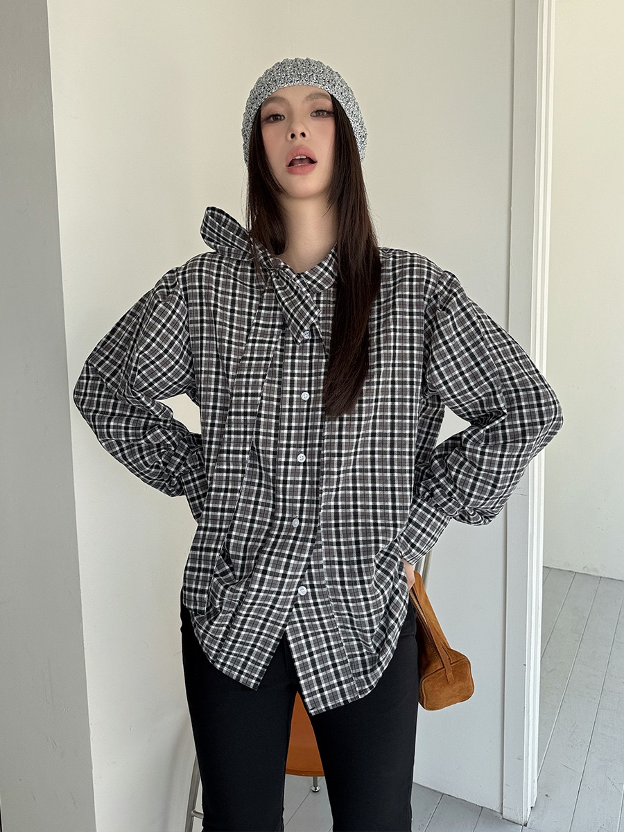 MMFISH时髦街头飘带黑白格纹设计感蝴蝶结长袖衬衫25C469