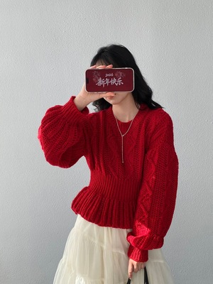 江左 新年款红色毛衣掐腰灯笼袖毛衣女春季软糯小个子针织衫U1487