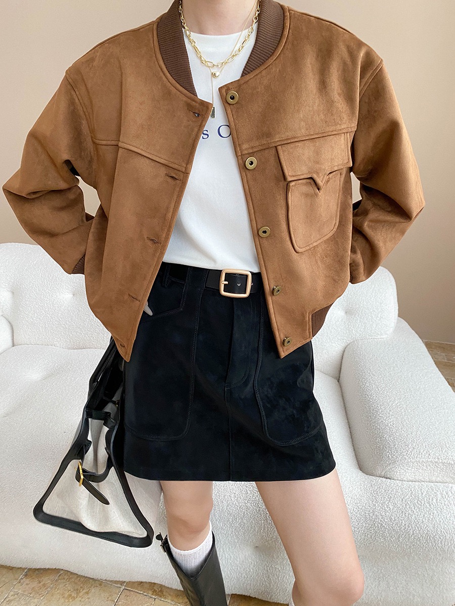 司南 炸街指南 美式复古仿麂皮绒宽松显瘦棒球服夹克外套 SN8017